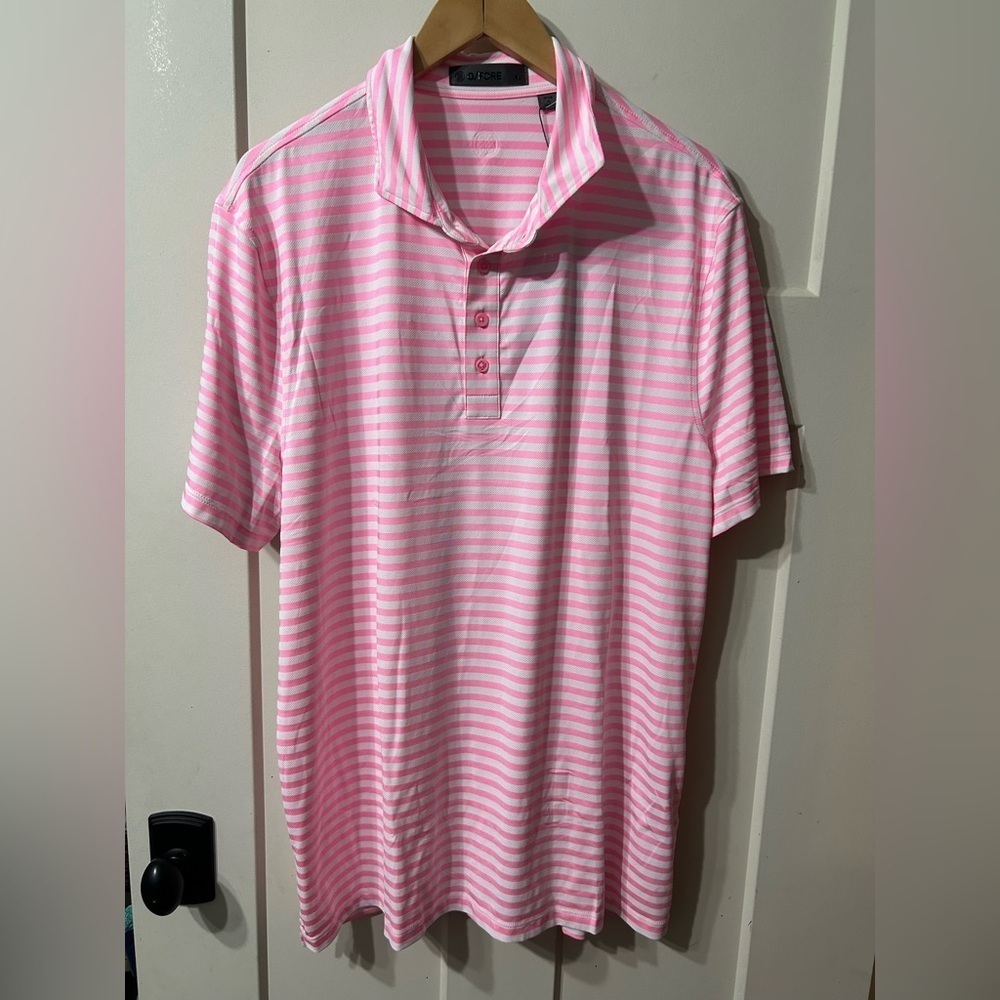 NWT G/FORE Mens Striped Pink White Golf Polo Shirt Size XL Button Collar